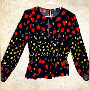 Black floral gathered waste top